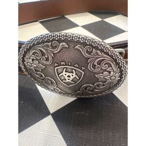 Ariat Mens Brown Floral Tooled Leather Western Belt Silver Trophy Buckle size 28